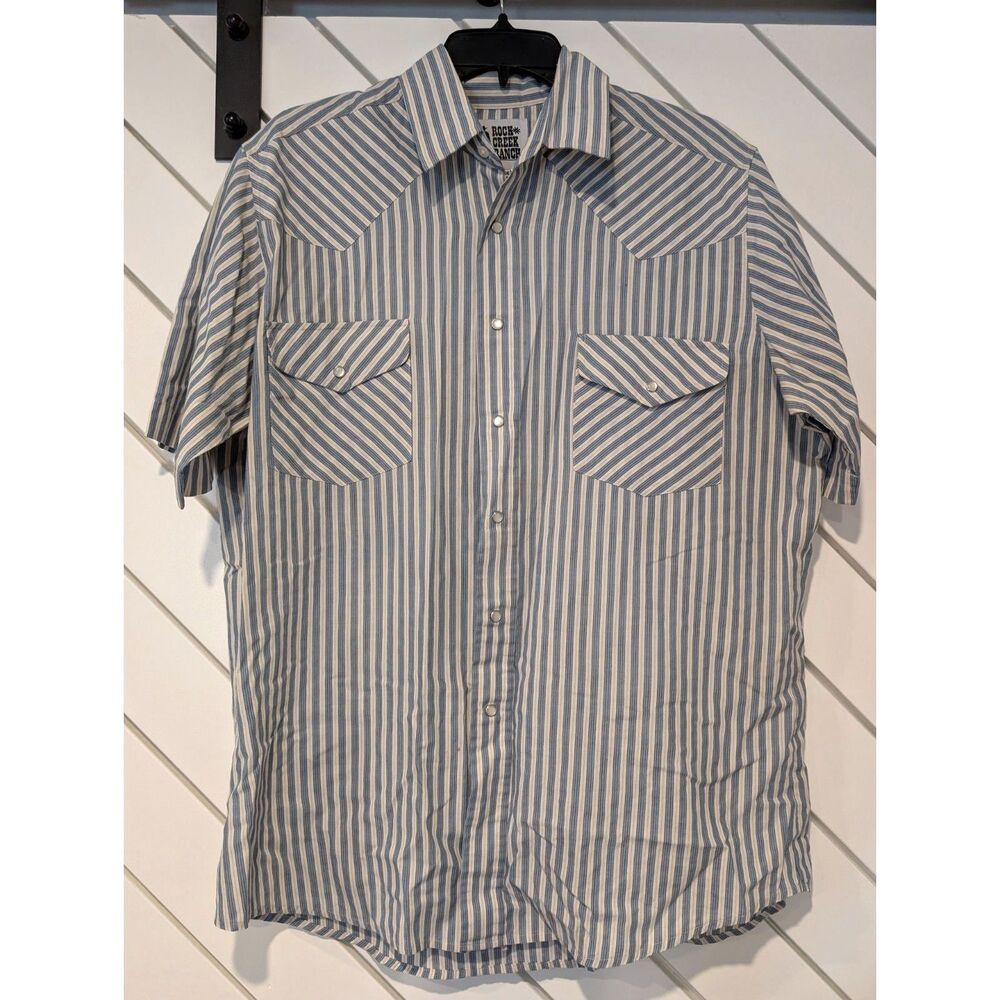 Vintage Rock Creek Ranch Western Blue & White Pearl Snap Shirt Large